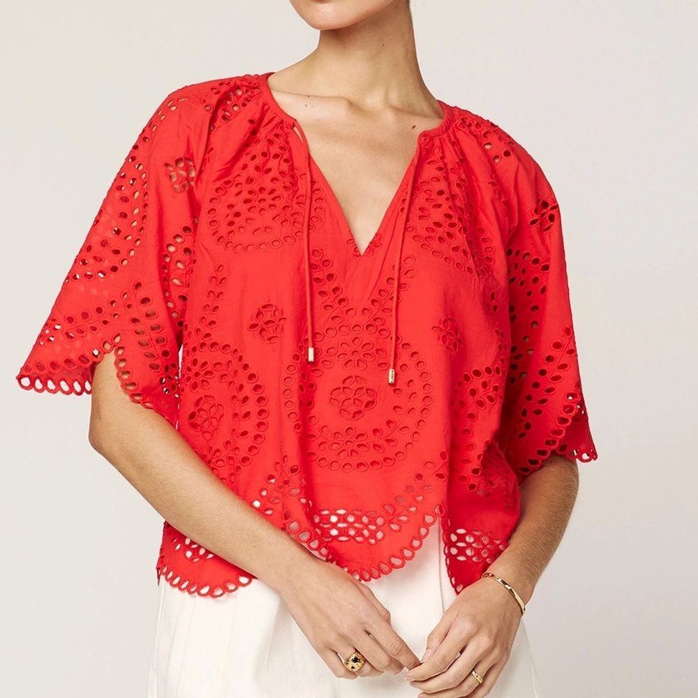 Cleobella Red orange Eyelet Peasant Top
